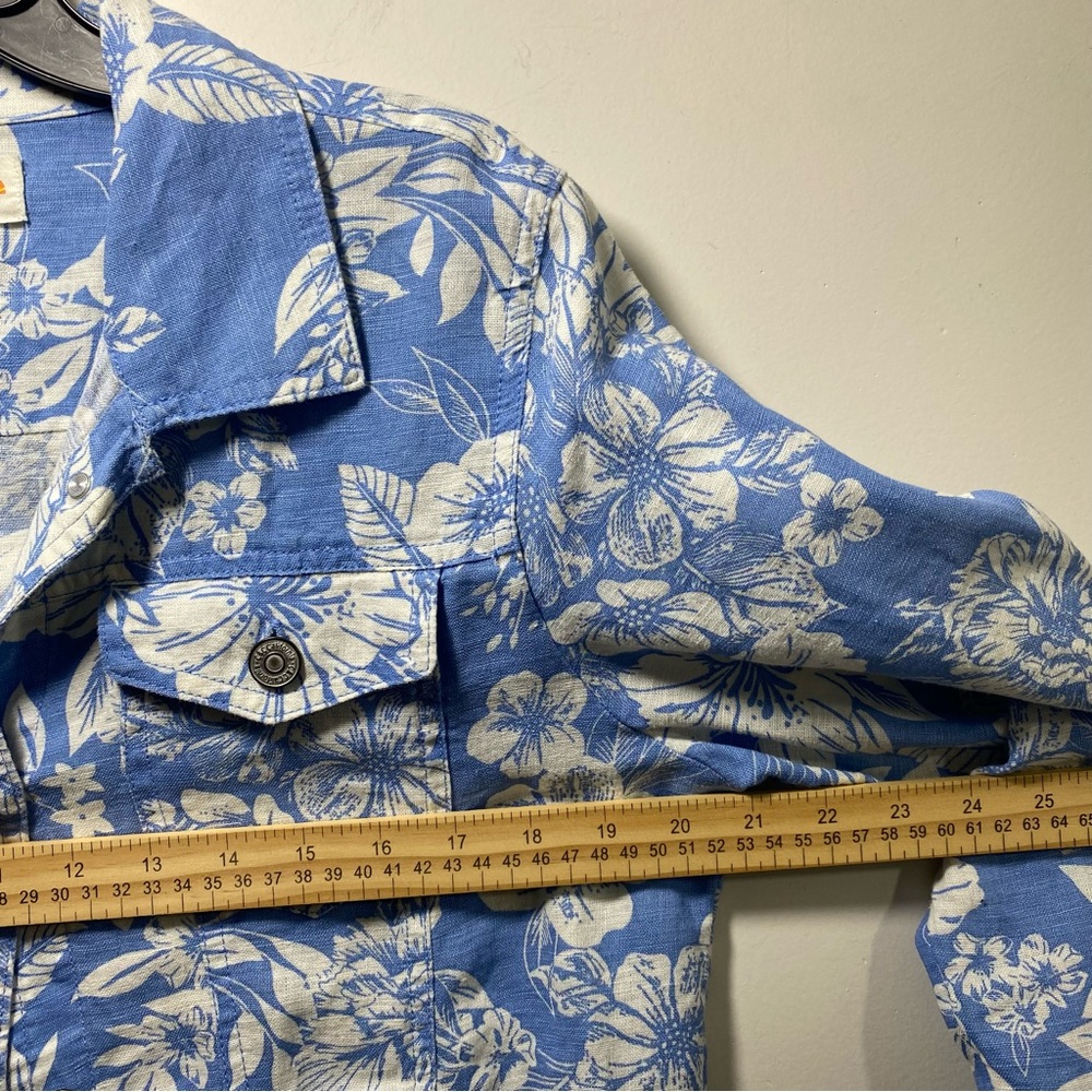 100% Linen Floral Long Sleeve Utility Jacket Womens Romantic Light M Blue Pocket - Picture 6 of 7